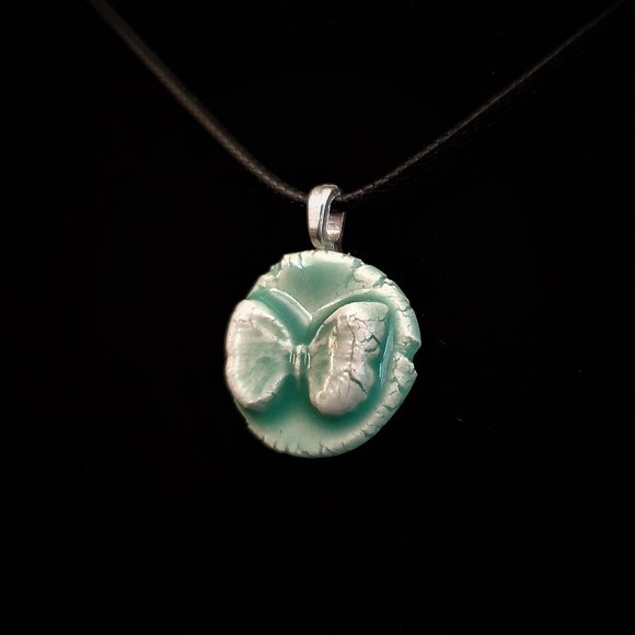 Handmade Ceramic Aqua Green Butterfly Pendant Necklace - Picture 3 of 11